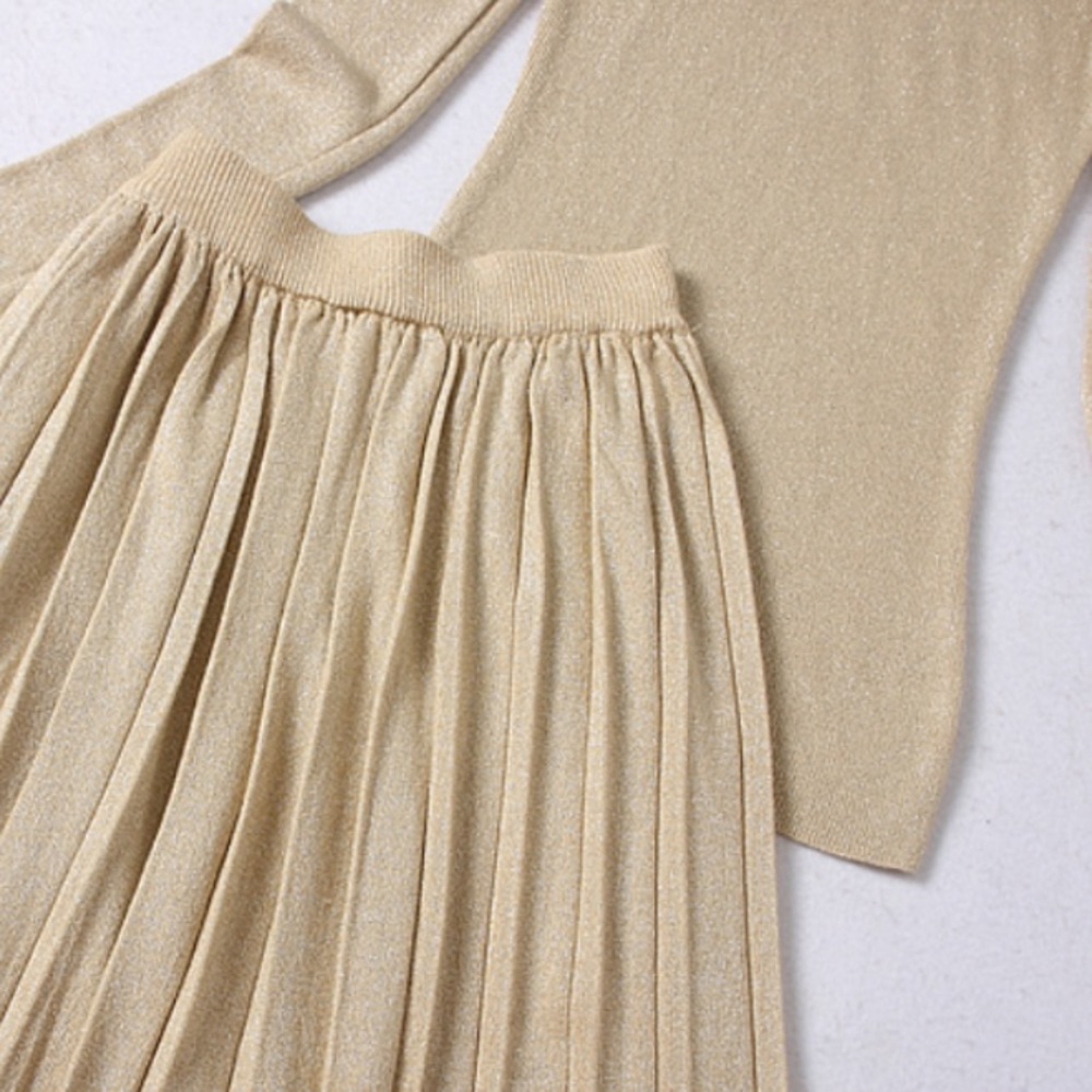 Knitted Turtleneck &Pleated Skirt Two Piece, Beige - Picture 8 of 8